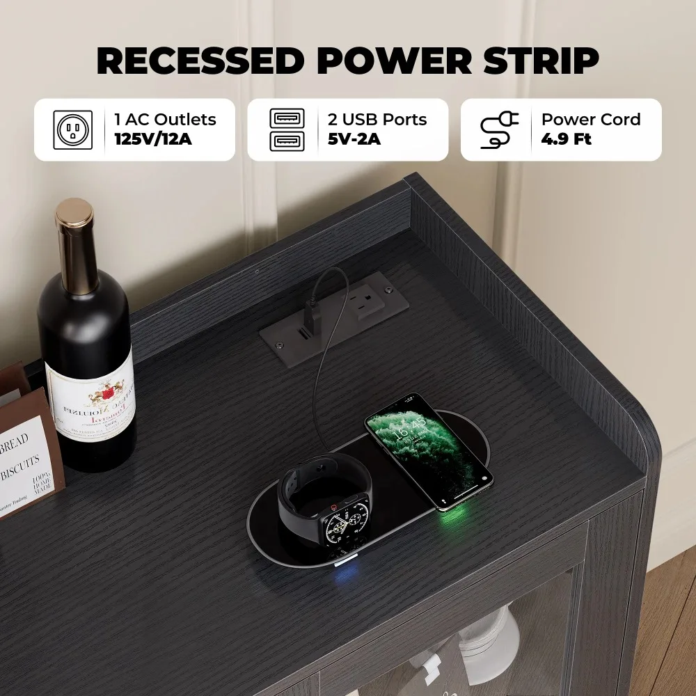 Wine Bar Cabinet Buffet Sideboard Cabinet with Wine Rack, Power Outlets, LED Light, Black