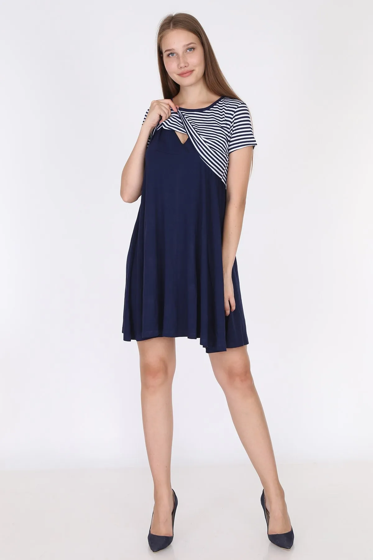 

Luvmabelly 5851-Top Navy Blue Striped Six Black Half Sleeve Breastfeeding Dress