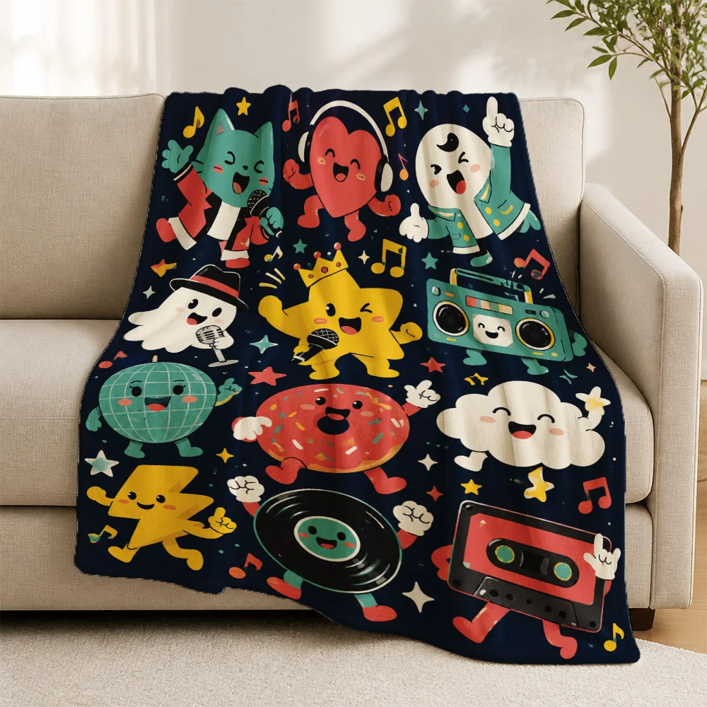 Funky Retro Pop Art Music Cartoon Throw Blanket for Couch Sofa Home Decor Cozy Vintage Style Living Room Accent Fleece Throw