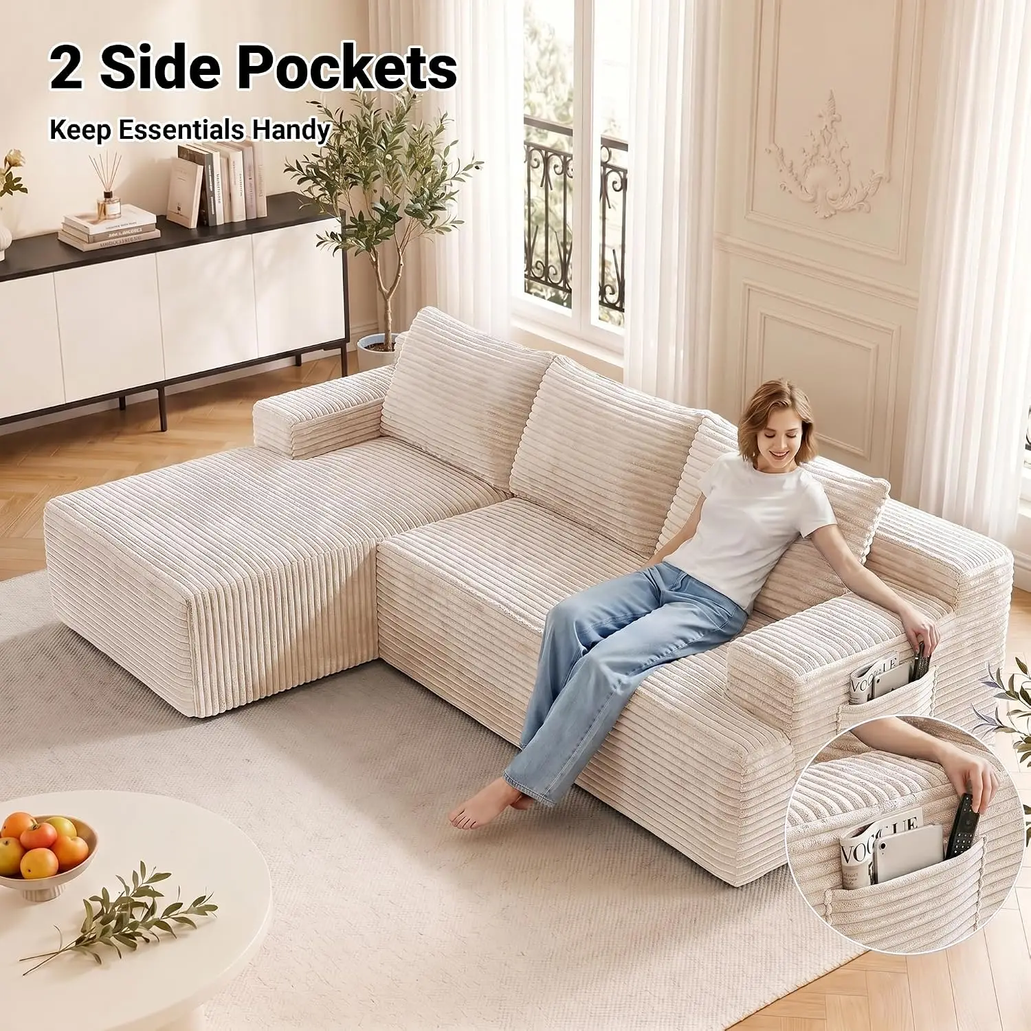 Cloud Sectional Couch, 97 Inch Modern Modular Sectional Sofa with Deep Seat, Corduroy Boneless Couches with L-Shape, Custom