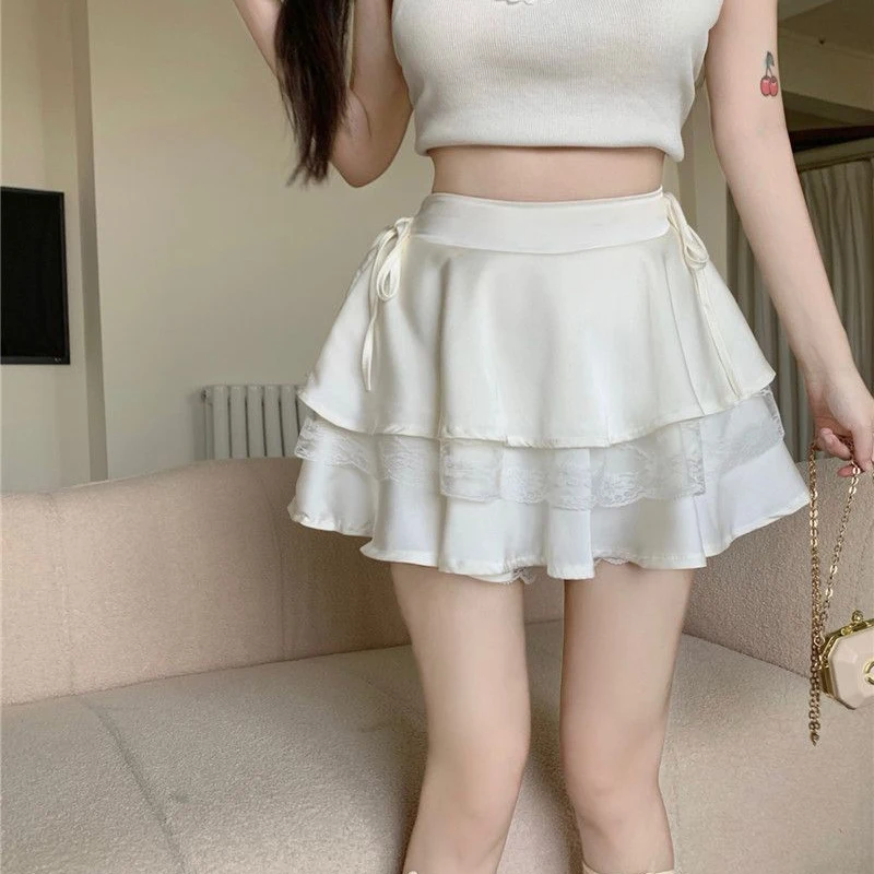 Y2K Sweet Solid Women Mini Skirt Summer High Waist Lace Patchwork Ladies Ball Gown Fashion All Match Ruffles Female Skirt