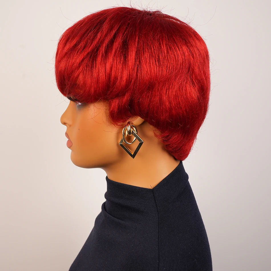 빨간색 숏 픽시컷 보브 100% 인모 가발 여성용 브라질 레미 헤어 앞머리 있는 숏 스트레이트 풀 머신 메이드 가발