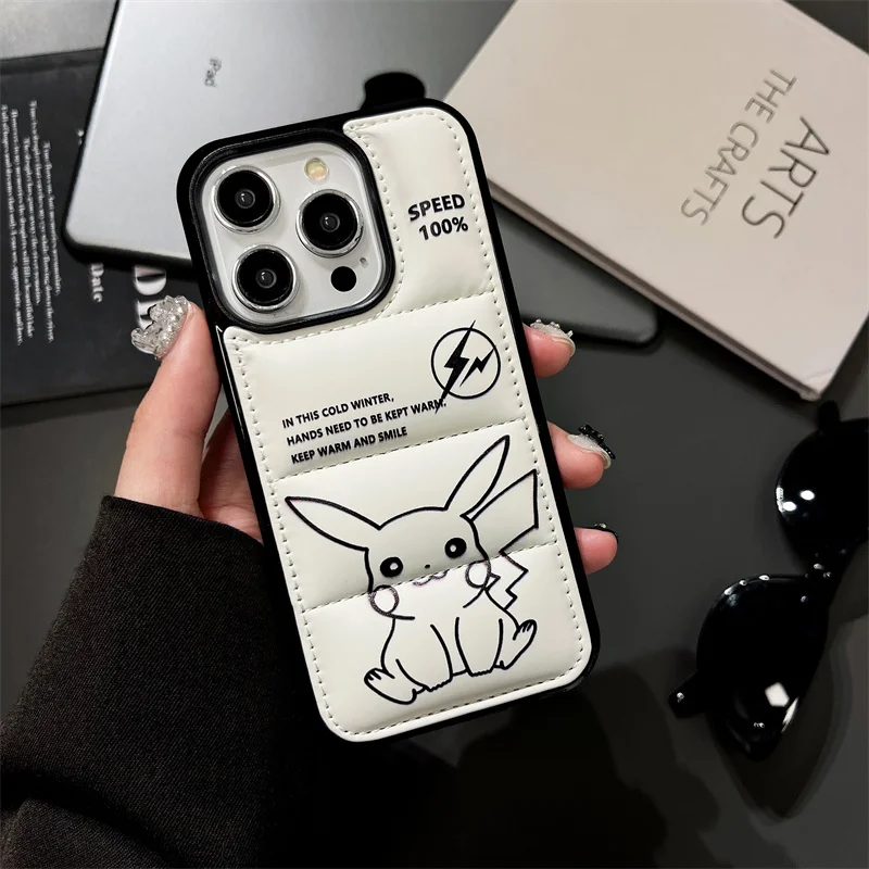 Fashion Anime Pokemon Pikachu Down Jacket Puffer Case for iPhone 15 14 13 12 11 Pro Plus Original Lovely Silicone Phone Cover