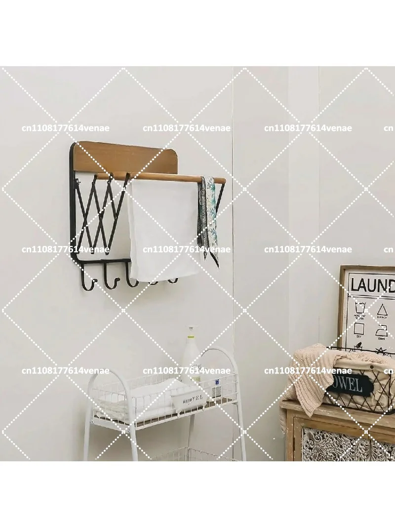 Retractable Wall Laundry Rack, 3 Poles and 5 Hooks, Space Saving Clothes Drying Rack for Bedroom Bathroom