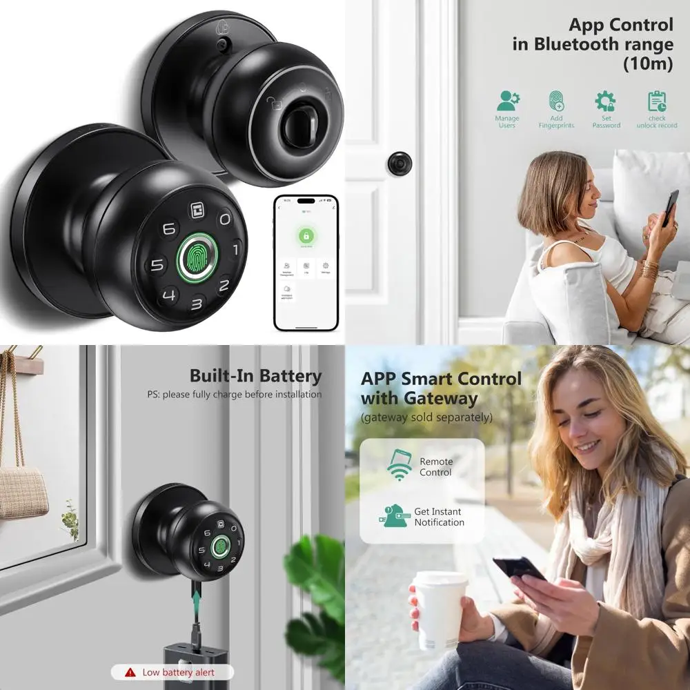 

Smart Fingerprint Door Lock for Bedrooms, Secure Door Knob with Lock, App-Controlled, Backup Keys Included, Touchscreen Access