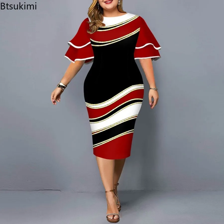 

2024Women's Elegant Butterfly Sleeve Midi Dress Ladies Printing Casual Corset Temperament O-neck Striped Sexy Party Dress Female