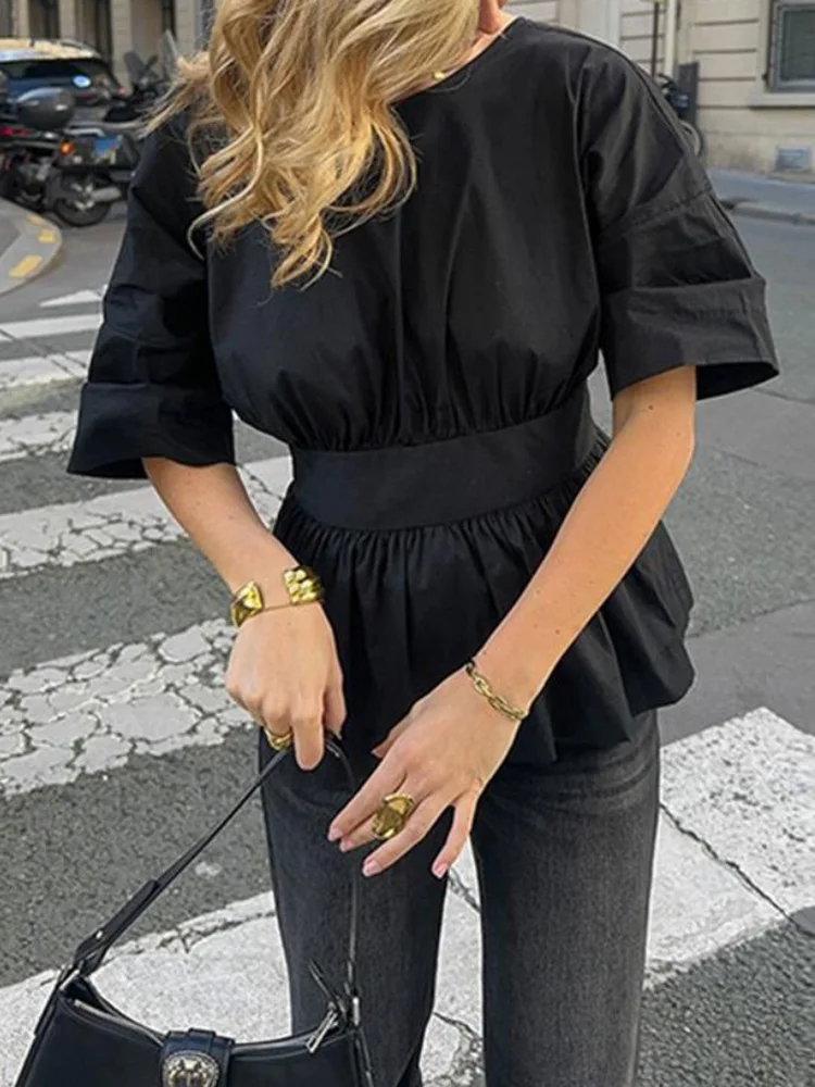 

New O Neck Half Sleeve Patchwork Blouses, Women Summer Backless Solid Chic Tops, 2025 Casual Lace-Up Simple Ladies Shirts Blusas