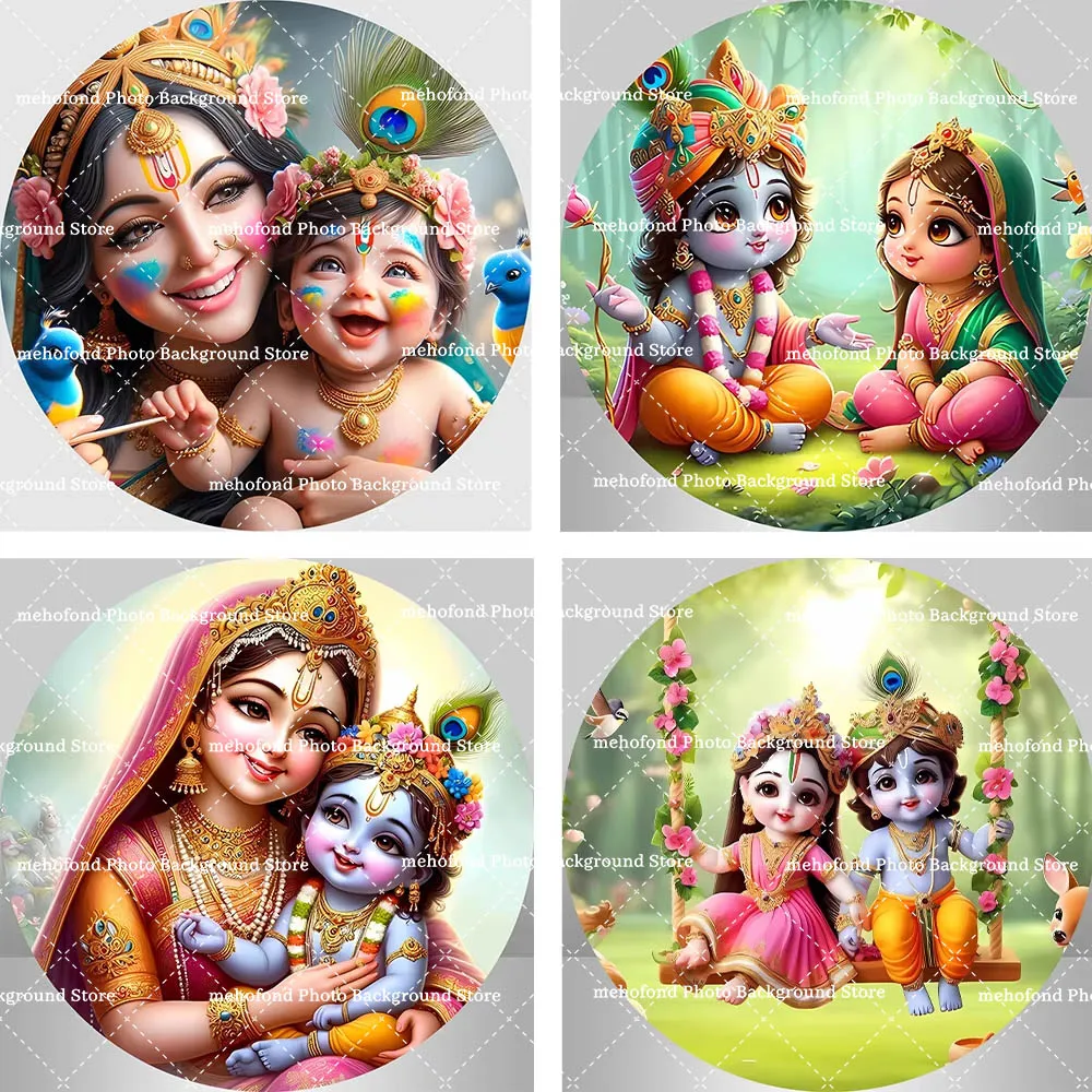 

Mehofond Cute Radha Krishna Round Backdrop Baby Shower Birthday Party Decor Indian Religion Pattern Circle Elastic Background