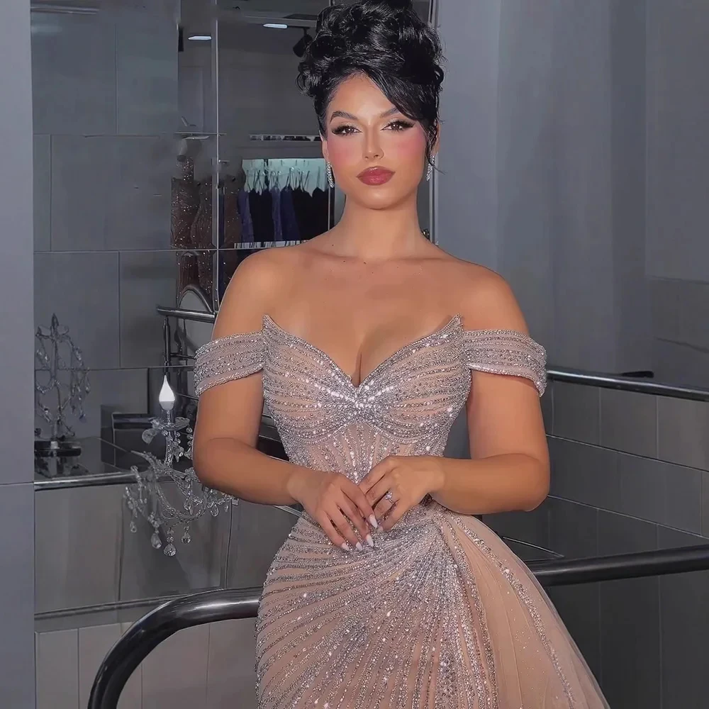 

Eshault&bridal Luxury Nude Mermaid Evening Dress Women Off Shoulder Crystal Beading Formal Gown with Detachable Train Customized