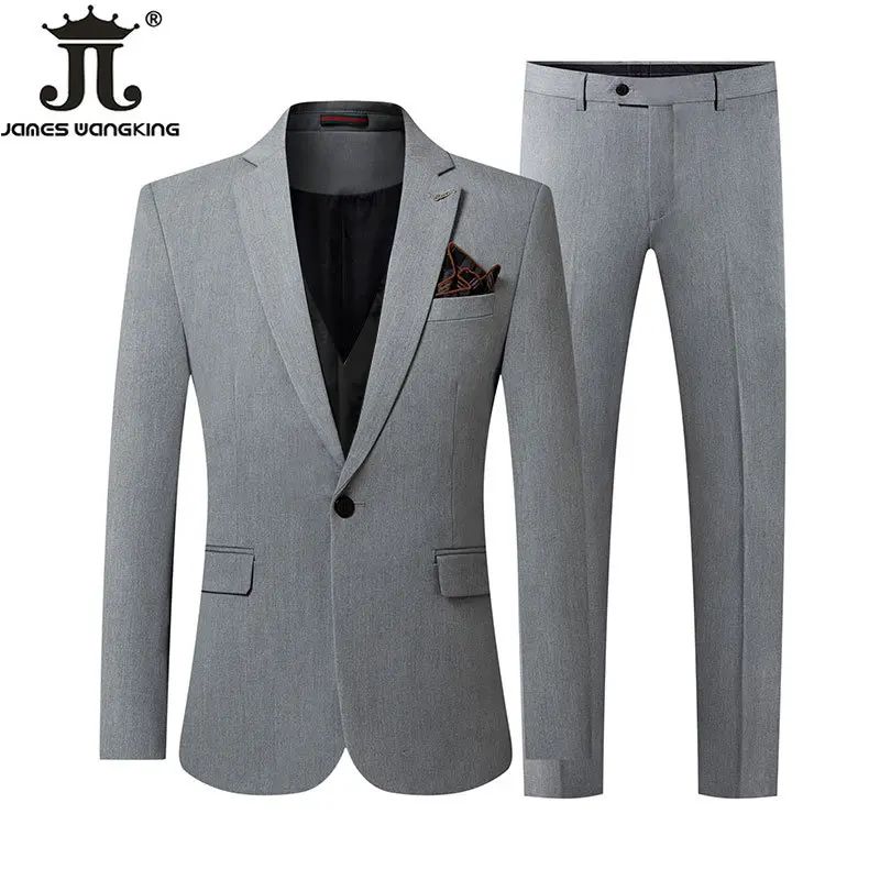 

( Blazer Pants ) High-end Brand Formal Business Men's Double Breasted Suit 2Pcs Set Groom's Wedding Dress Solid Color Slim Suit