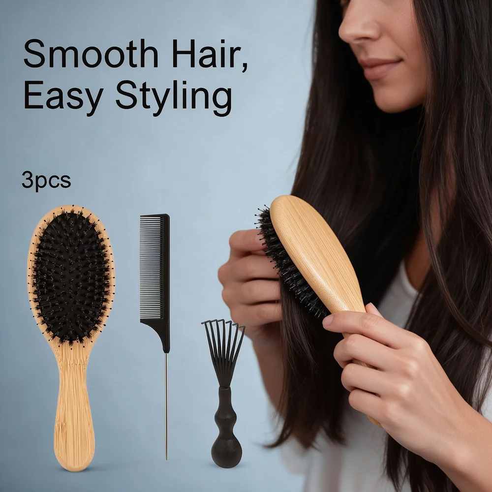 Bamboo Hair Brush - 3pcs Bamboo Hair Brush Set Scalp