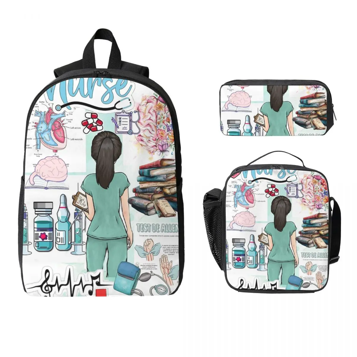 

Enfermera En Apuros Doctor Nurse Backpack Boy Girl BookBag School Bag Computer Shoulder Bags 3ps Insulated Lunch Bag Pencil Case
