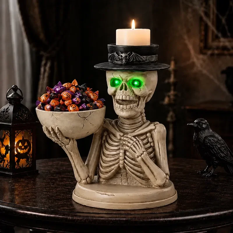 Halloween Skeleton Figurine with Storage Bowl & Candle Holder, Spooky Halloween Decor for Indoor Home