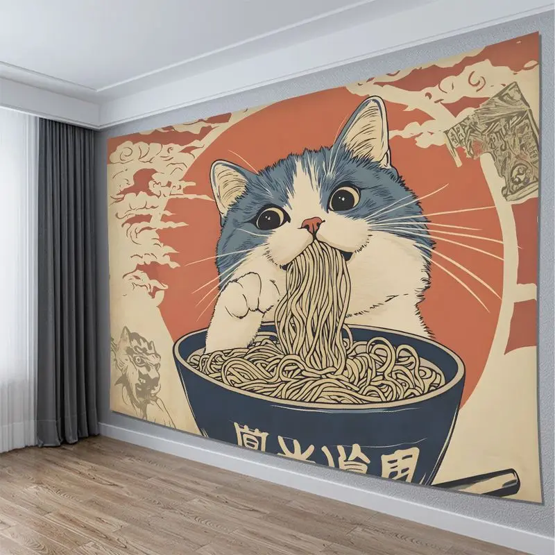 VIKAMA Japanese Ukiyoe Dry Rice Cat Lamian Noodles Vintage Tapestry Background Hanging Cloth Cure Cat Cafe Room Decoration