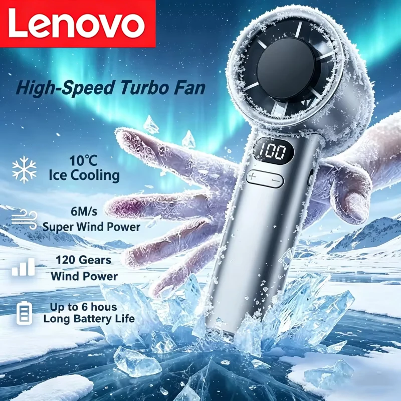 Ventilateur portable mini Lenovo 3000 mAh, ventilateurs électriques à main, compresse glacée, refroidissement haute vitesse, rechargeable USB, affichage numérique LED portable