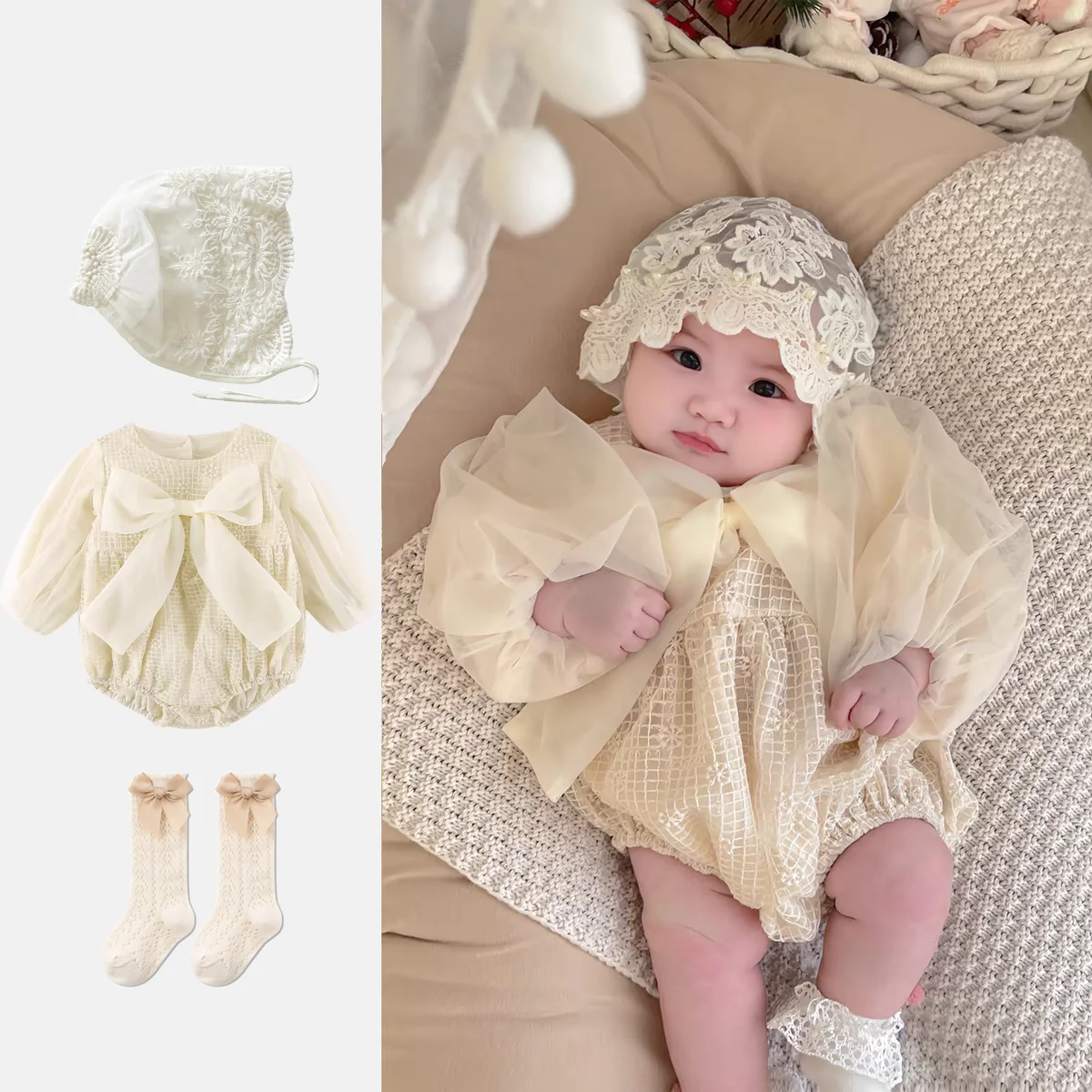 Newborn Baby Girls Romper Hat Socks 3 pcs set Princess Dress Spring Autumn Toddler Jumpsuit Chinese Wind Clothes Infant Clothes