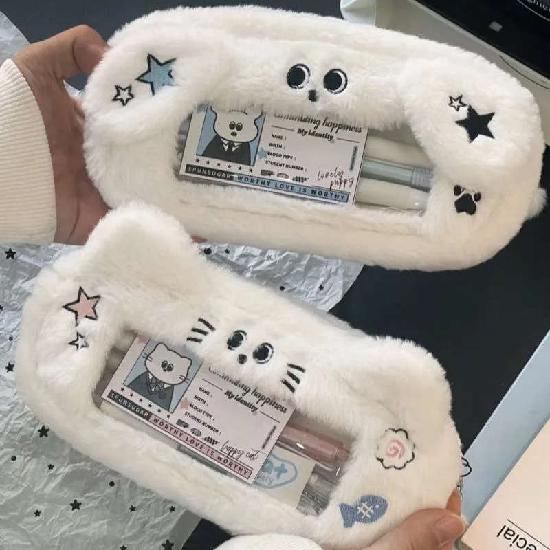 kawaii dos desenhos animados cat plush pouch lapis case zipper fofo grande capacidade pen bolsa papelaria escola armazenamento de cosmeticos bonito gato 01