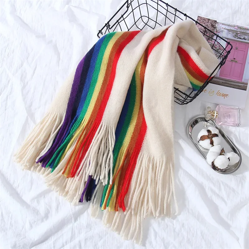 Rainbow Scarf Ladies Autumn And Winter Air-Conditioned Scarf Dual-use Thickened Knitted Wool Neck Scarf