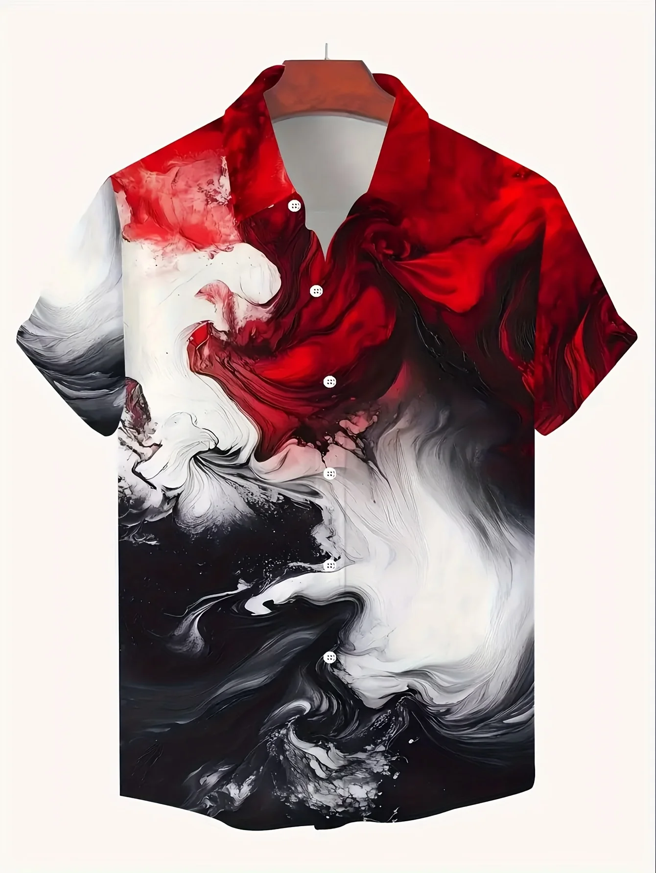 New Trendy Men Shirt Ink Swirl Red Black White Gradient Print Camp Collar Short Sleeve Loose Cut Art Casual Hangouts Man Apparel