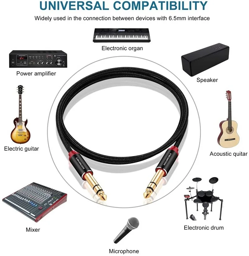 Kabel instrumentalny TRS 1/4 cala, zestaw 2 sztuk, kabel audio stereo z wtykiem męskim 6,3 mm, odpowiedni do gitary elektrycznej, basu. — zdjęcie produktu 3