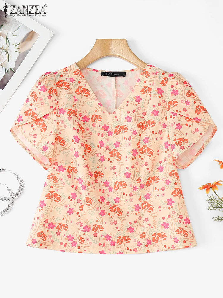 

ZANZEA Women Summer Blouse 2025 Short Puff Sleeve Shirts V-Neck Casual Blusas Bohemian Floral Print Tunic Holiday Beach Tops