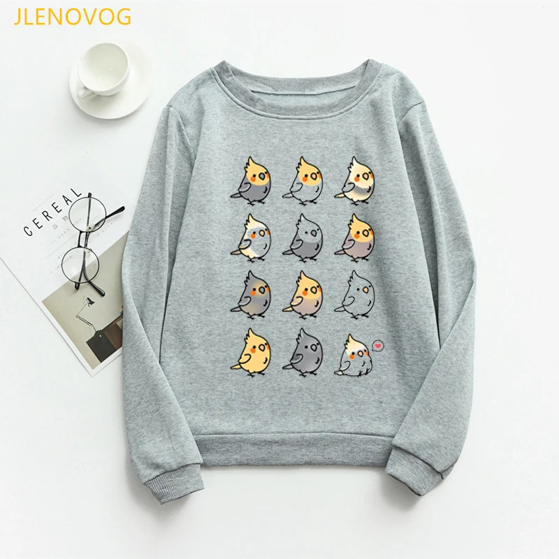 Cockatiel Parrot print sweatshirt women Lovely rainbow birds graphic hoodies femme kawaii winter sudadera mujer O-collar hoodies