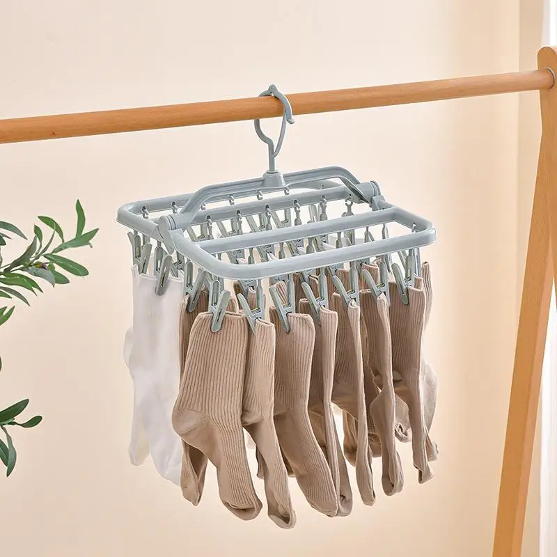 Foldable Plastic Laundry Drying Rack With 32 Clips 360 Rotating Hook For Drying Socks Underwear Small Clothes At Home Dorm
