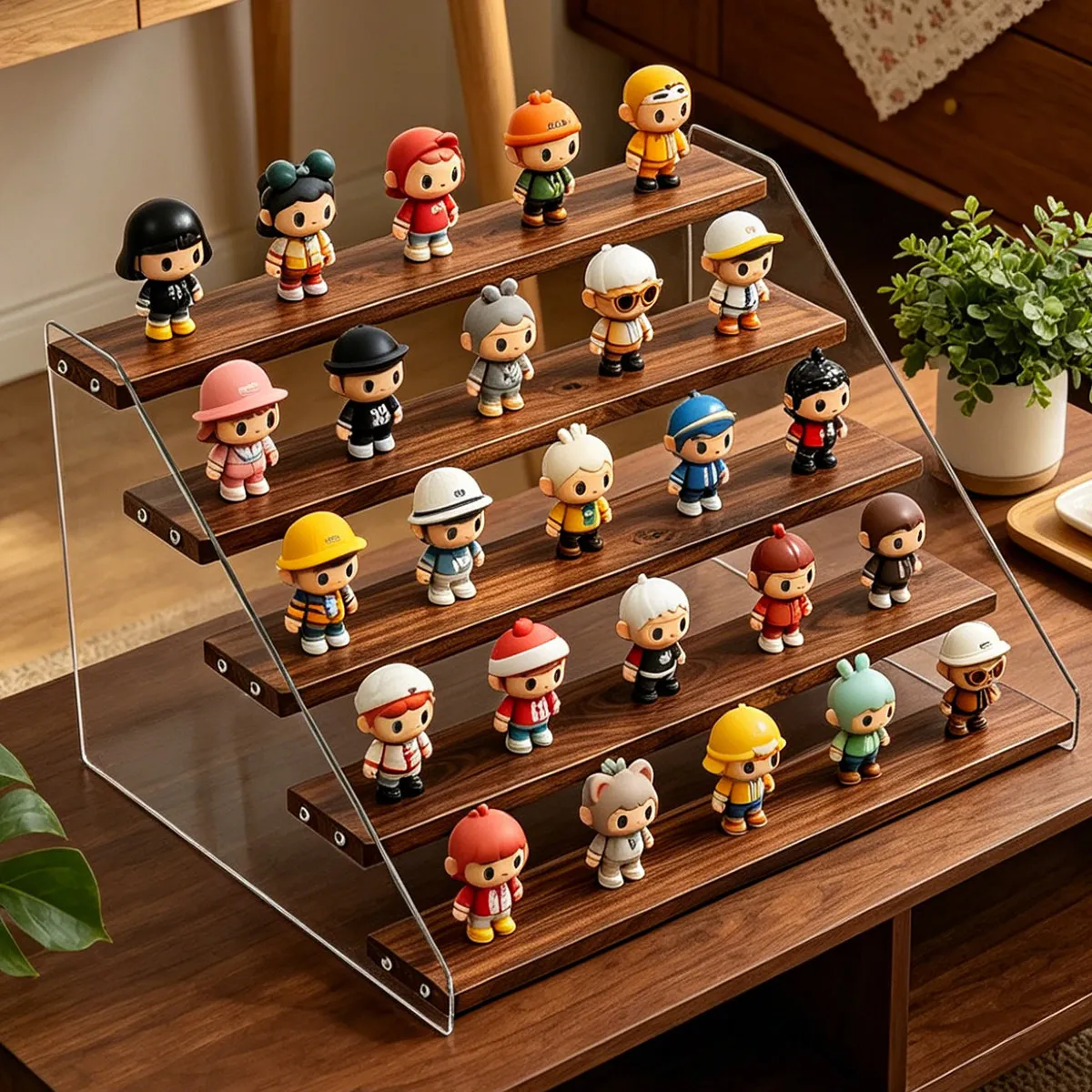 2–6-Tier Acrylic Blind Box Toy Storage Rack,Charred Wooden Step Display Stand, Desktop Holder, Cosmetics Display Shelf