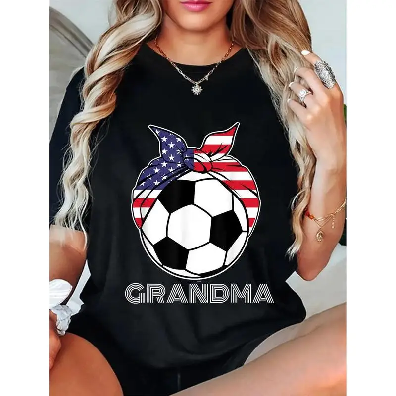 

Women's Soccer Grandma T-shirt American Flag Bandana Graphic Tee Funny Soccer Nana Gift Top