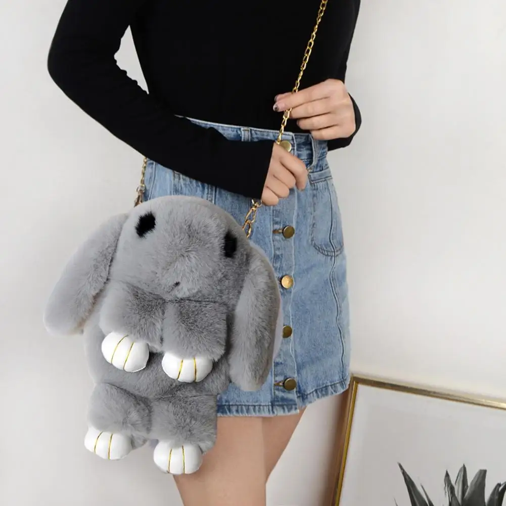 Women Messenger Bag Cute Bunny Shapr Furry Fluffy Plush Bag Chain Shoulder Strap Zipper Closure Lady Shoudler Bag Crossbody Bag