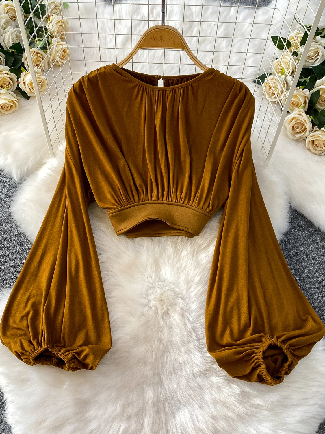 Chic ort Folded Waist Lantern Sve Top High Waist Slimming Asymmetrical Slit Long Skirt Set Lightweight Mature Sle