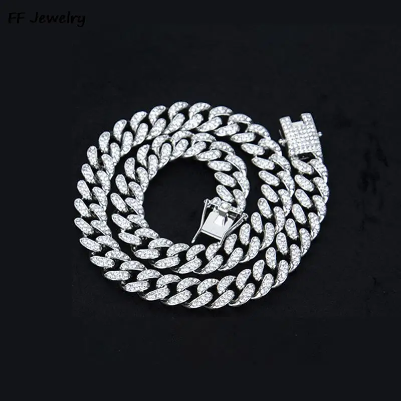 13MM Hip Hop Men Women  Prong Cuban Link Chain Bling Iced Out 2 Row Rhinestone Paved Miami Rhombus Necklace Jewelry