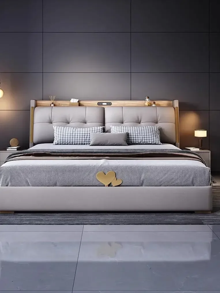 Italian light luxury leather bed modern simple 1.8 meters double bed master bedroom high-end atmosphere multi-functional