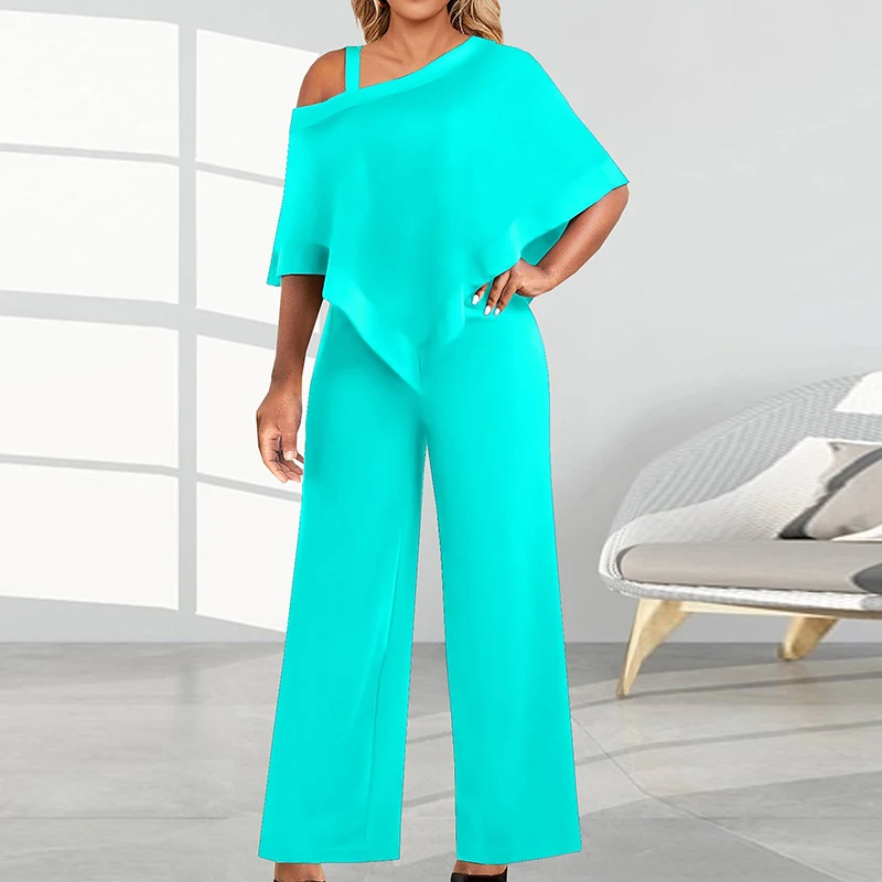 

Office Lady Solid Loose Playsuit Fall Sexy Irregular Off Shoulder Jumpsuits Casual Women Short Sleeve Straight Long Pants Romper