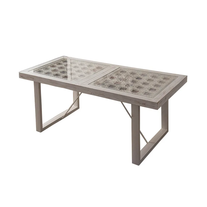 American retro carved coffee table white wrought iron solid wood corner table designer furniture parquet contrasting color
