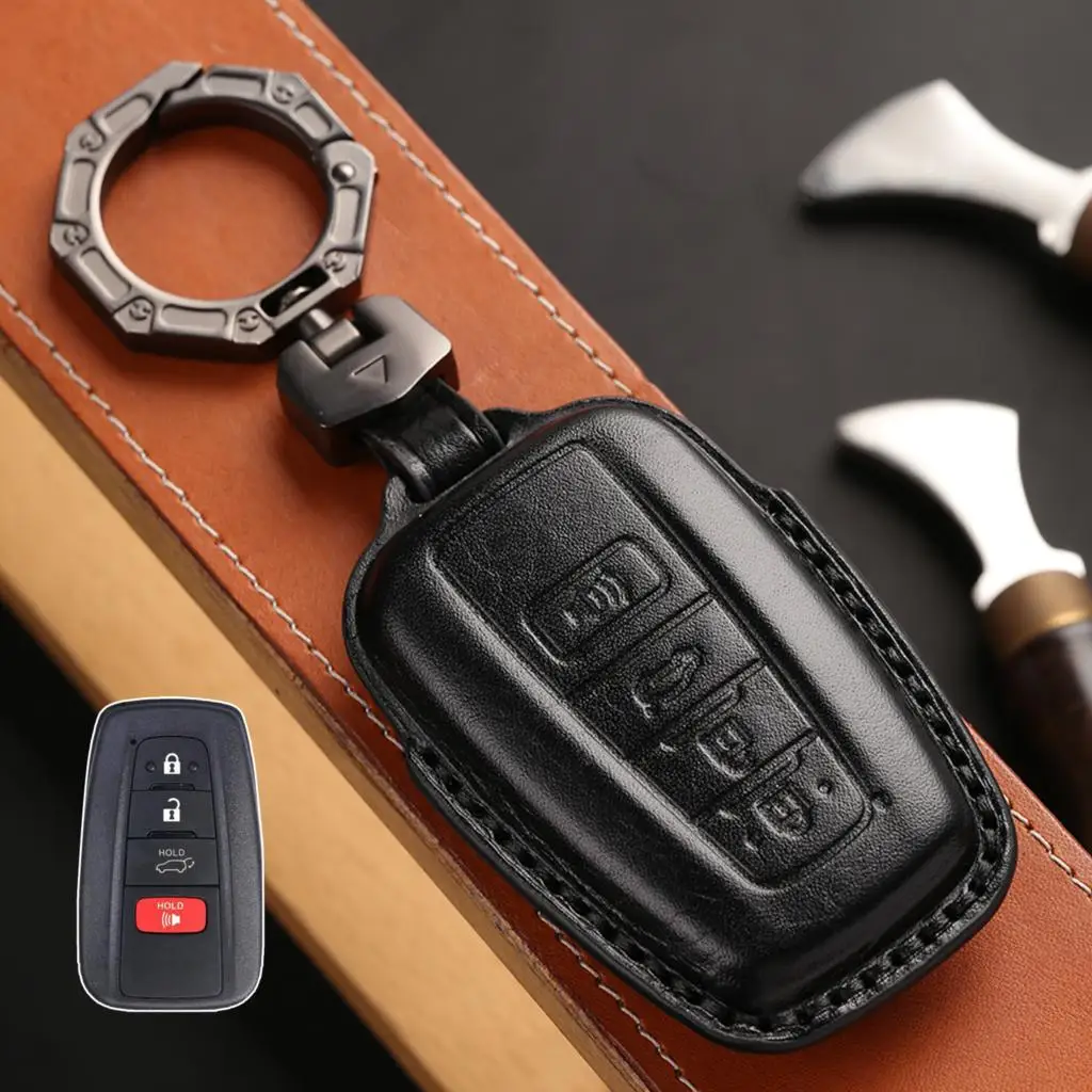 Leather key fob zinc alloy ring cover case shell holder 4 button for toyota corolla camry hybrid highlander rav4 avalon 2020 21