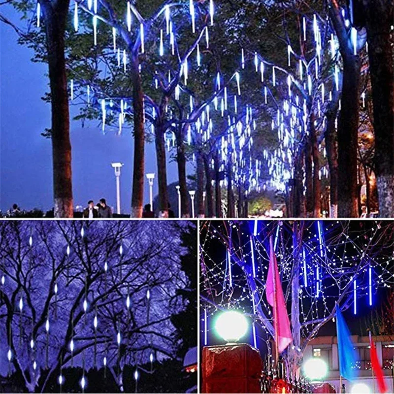 Iluminação LED do chuveiro do meteoro, luz exterior das fadas, jardim, decoração da rua, corda do Natal, E.U., UE Plug, 1 Pc, 2 Pcs, 3 Pcs, 4Pcs