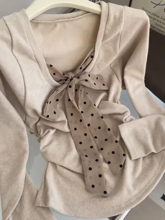 

Korean Sle plus Size T-irt Women's Faion Anti-Aging Polka Dot Bow Knot Belted Top Trendy Commute Sle Long Sve V-Ne