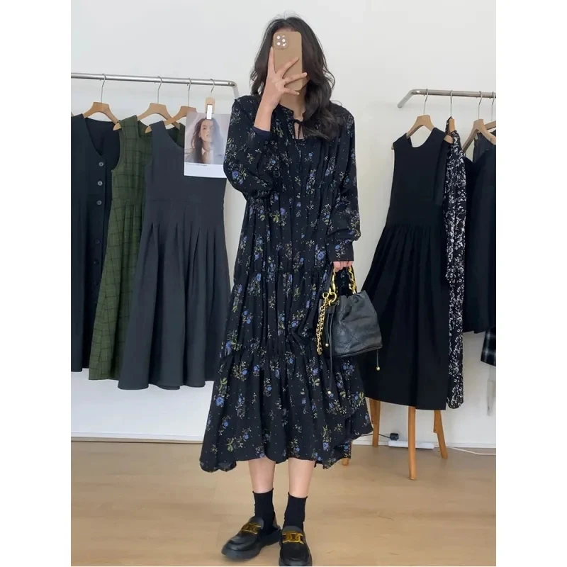 

2024 New ,Elegant Lace Up Black Floral Dress, For Women's Clothing, Spring Autumn Dresses ,Stylish Lantern Sleeve Chiffon Dress