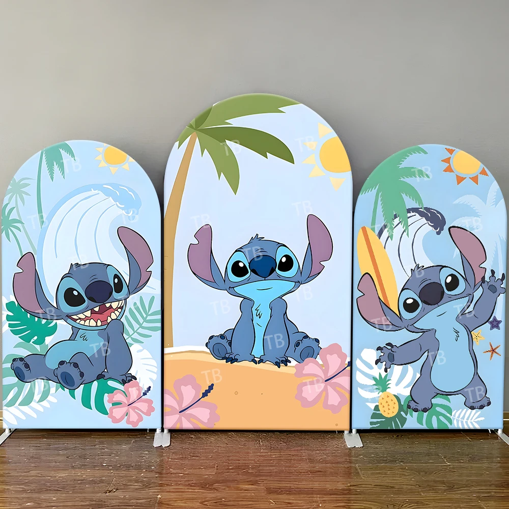 

Stitch Arch Backdrop Cover Disney Tropical Beach Elements Palm Tree Surfboard,Photo Booth Props for Parties&Home Decoration