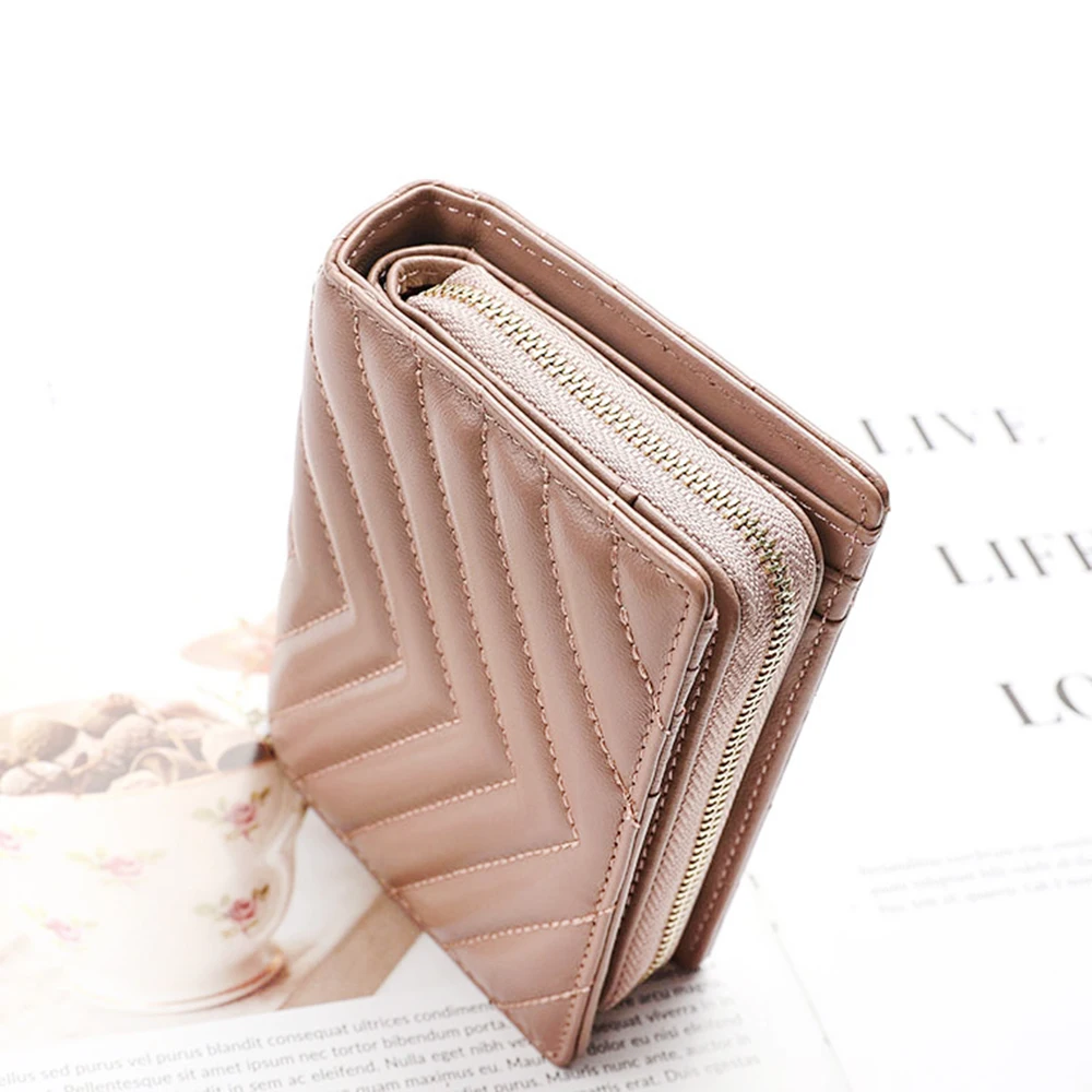 V Stripes Sheepskin Women Wallet Large Capacity 100% Genuine Leather Card Holder Coin Purse Luxury Design Female Short Wallet