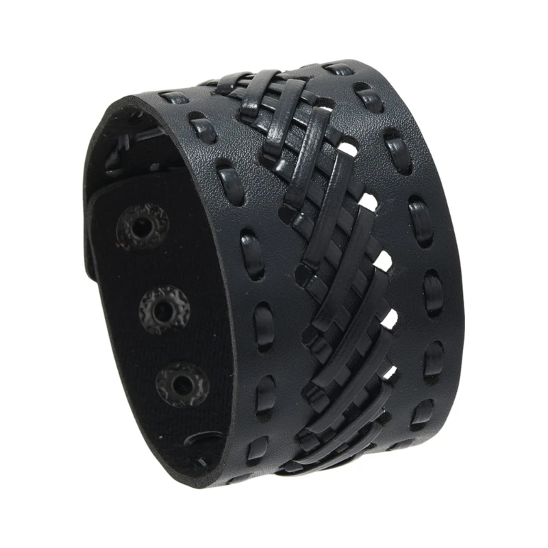 Retro Motorcycle Wristband 23cm Long Black Leather Bracelet With 3 Position Closure M76B