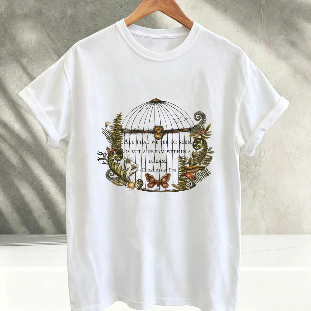 Gothic Floral Botanical Edgar Allan Poe Shirt Vintage Crew Neck Short Sleeve Relaxed Fit Dark Academia Tee Cotton Women Tshirts