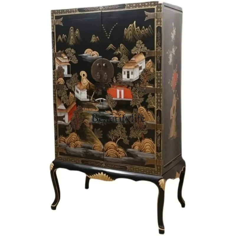 retro solid wood painted gold-painted wardrobe bedroom small apartment storage high cabinet household clothes cabinet