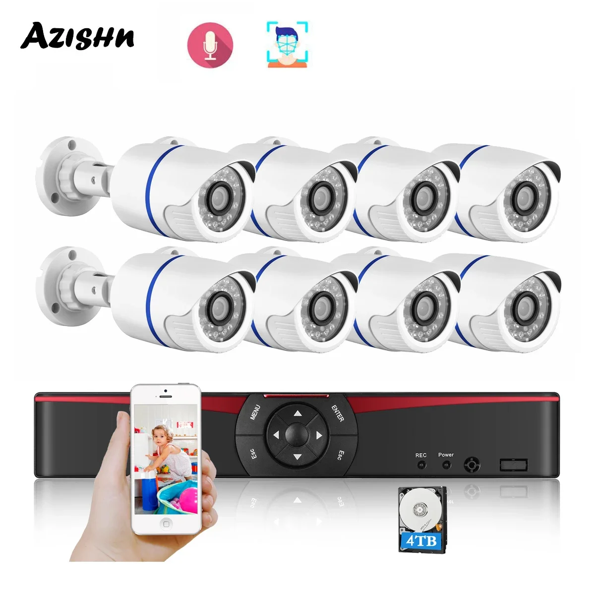 AZISHN H.265 8CH 5MP NVR POE CCTV Camera Security System Kit Audio Record IP Camera Outdoor Color Night Vision Surveillance Set