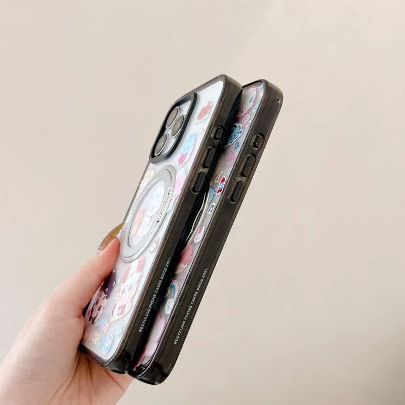 귀여운 만화 구름 소년 회전 스탠드, 블랙 테두리 휴대폰 케이스 커버, 아이폰 14, 15, 16 프로 맥스 케이스