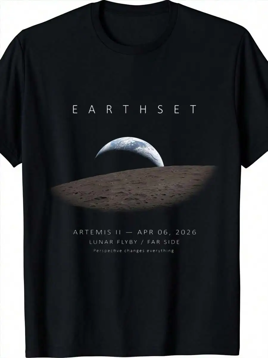 Men' Earthset II Space T-Shirt - Minimalist Moon & Earth Print Round Neck Casual Tee, Suitable For - Wear, Machine Washable, Spa