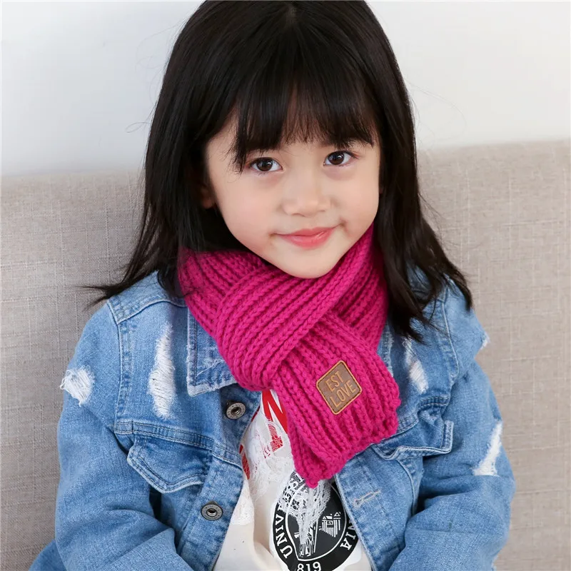 2022 Winter Children Colors Soft Knitting Wool Thermal Scarf Boys Girls Lovely Outdoor Warmer Scarf Kids Solid Labelled Scarf