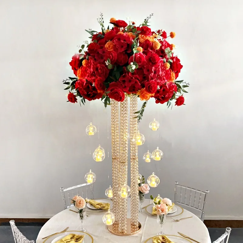 

Metal Flower Stand Centerpiece With Hanging Balls Round Gold Wedding Table Centerpiece For Wedding Decoration