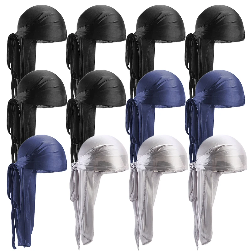 12PCS Set Long Silky Durag Long Tail Silky Scarf Elastic Band Satin Bonnet Doo Rag Pirate Hat Durag Cap